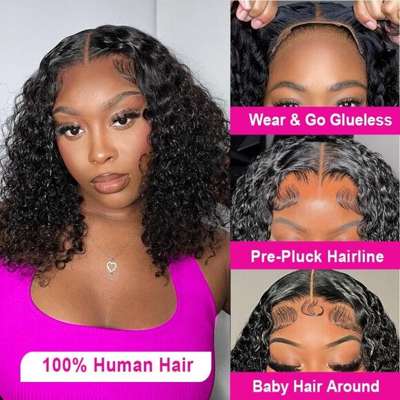 5x8 HD Lace Bob Wig Human Hair, Glueless Deep Wave Wig 14" Pre Plucked Baby Hair - Picture 2 of 7